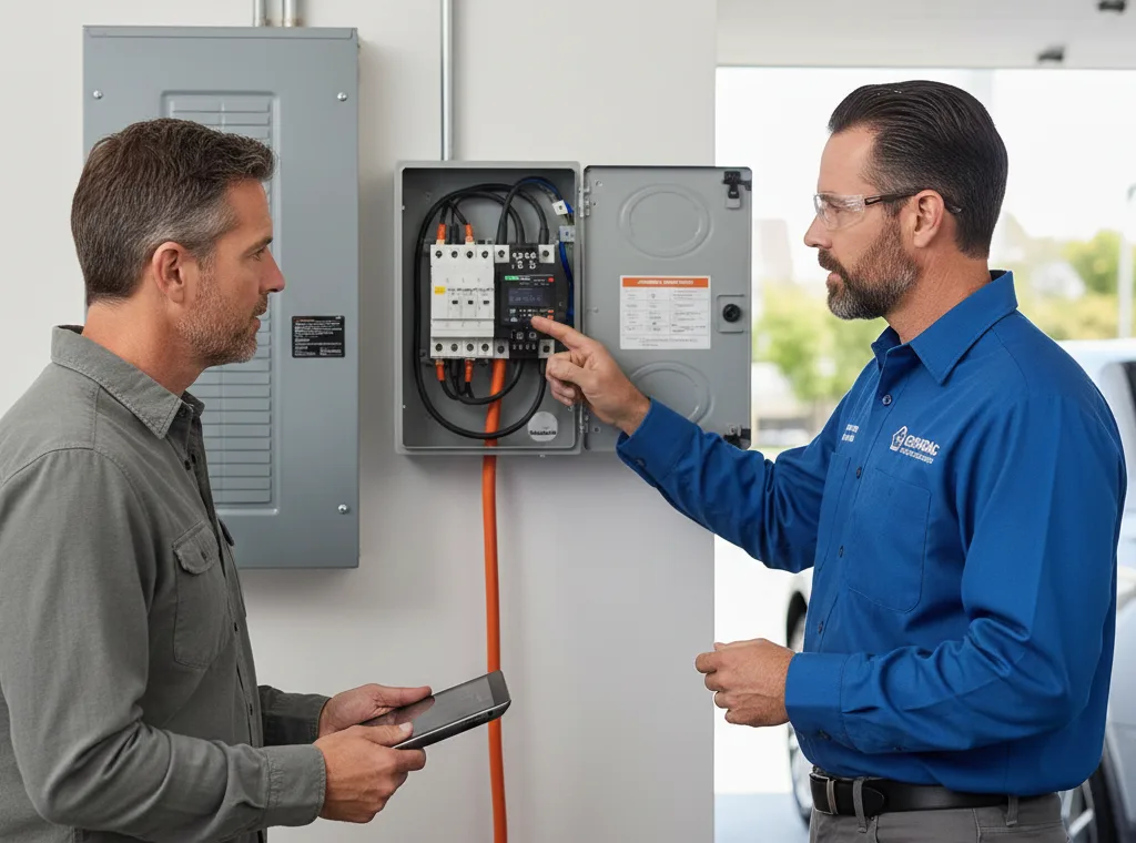 Generator installation Kamloops: Two men discuss electrical components at a control panel