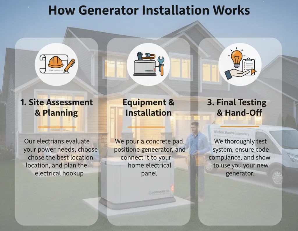 Generator installation Kamloops illustrated with three clear steps and visual aids