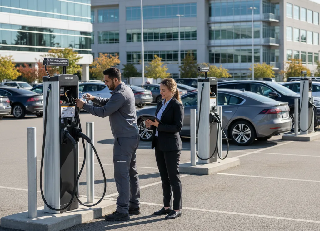 A man services an electric vehicle charging station while a woman observes nearby