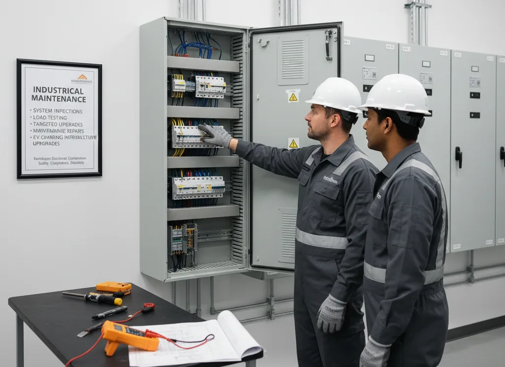 A professional electrician inspecting a modern high-voltage electrical panel during a home EV charger installation and system maintenance check.