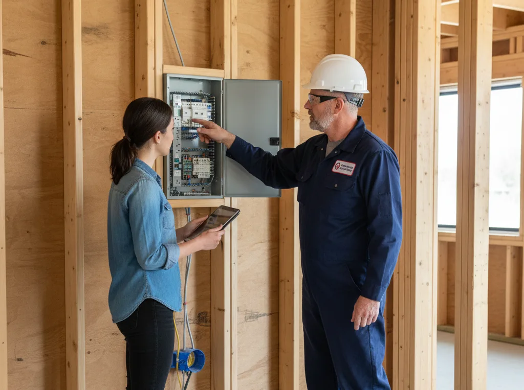Rooham Electric worker explains electrical controls to a colleague on a construction site