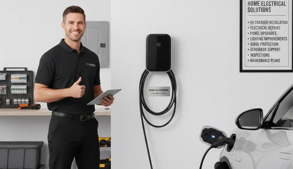 A professional electrician in a clean residential garage standing next to a newly installed wall-mounted EV charging station plugged into an electric car.