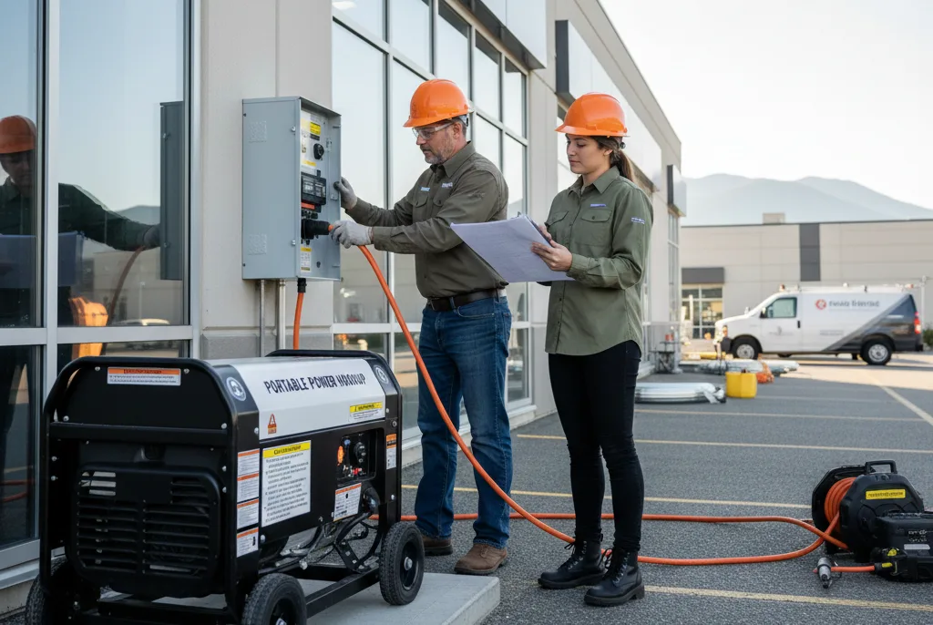 Generator installation in Kamloops with workers reviewing plans on site