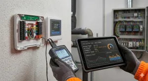 A technician uses a tablet and multimeter to monitor electrical equipment on a wall