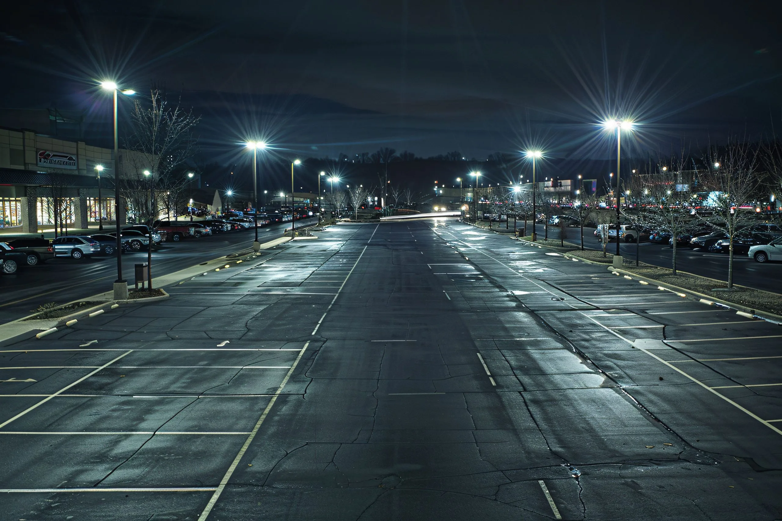 A dimly lit, nearly empty parking lot under a night sky