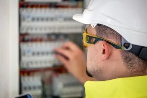 A worker in safety gear adjusts wiring in an electrical panel