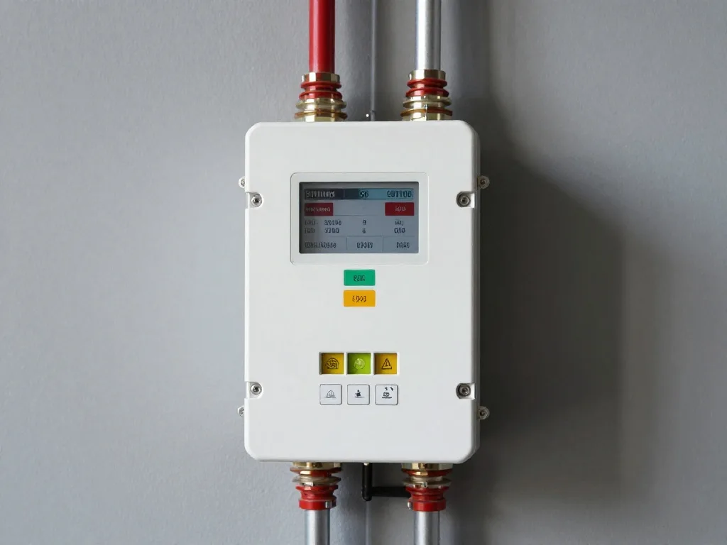 A control panel with a digital display attached to pipes on a wall
