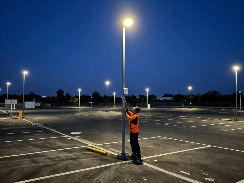 A worker adjusts a streetlight in a nearly empty parking lot at dusk