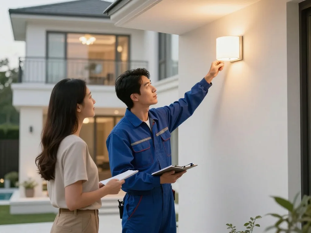 A technician adjusts an outdoor light while a woman observes nearby