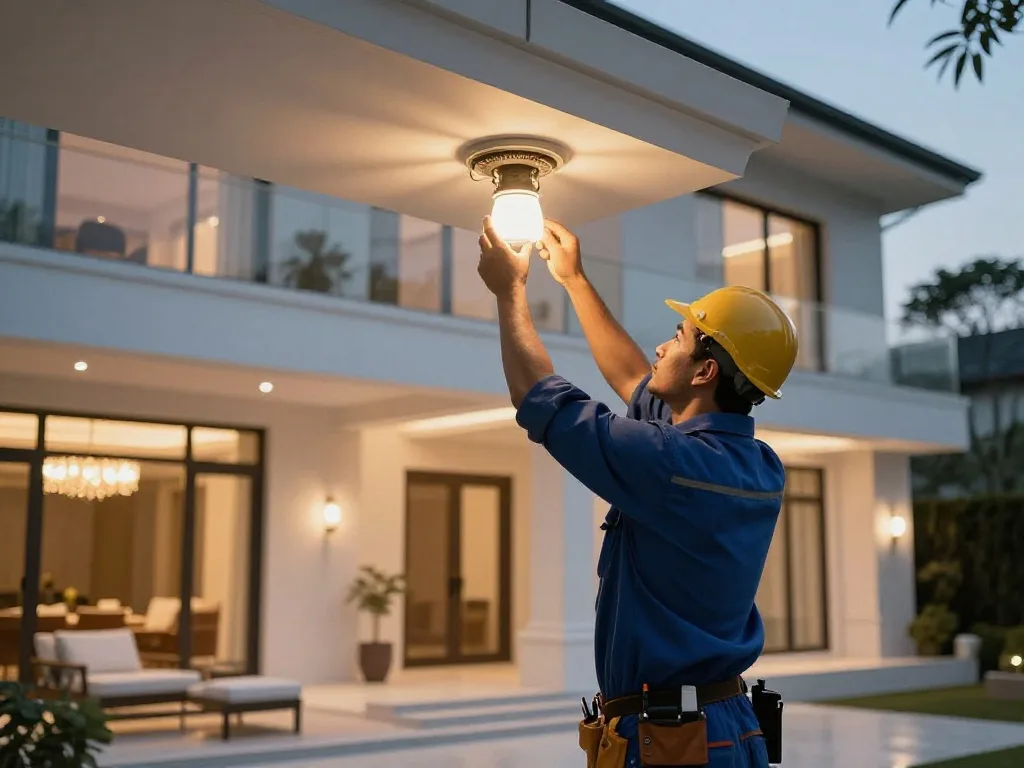 A worker installs a ceiling light fixture on a modern home's patio