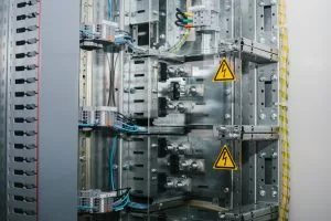 A complex electrical panel with metallic components and warning signs