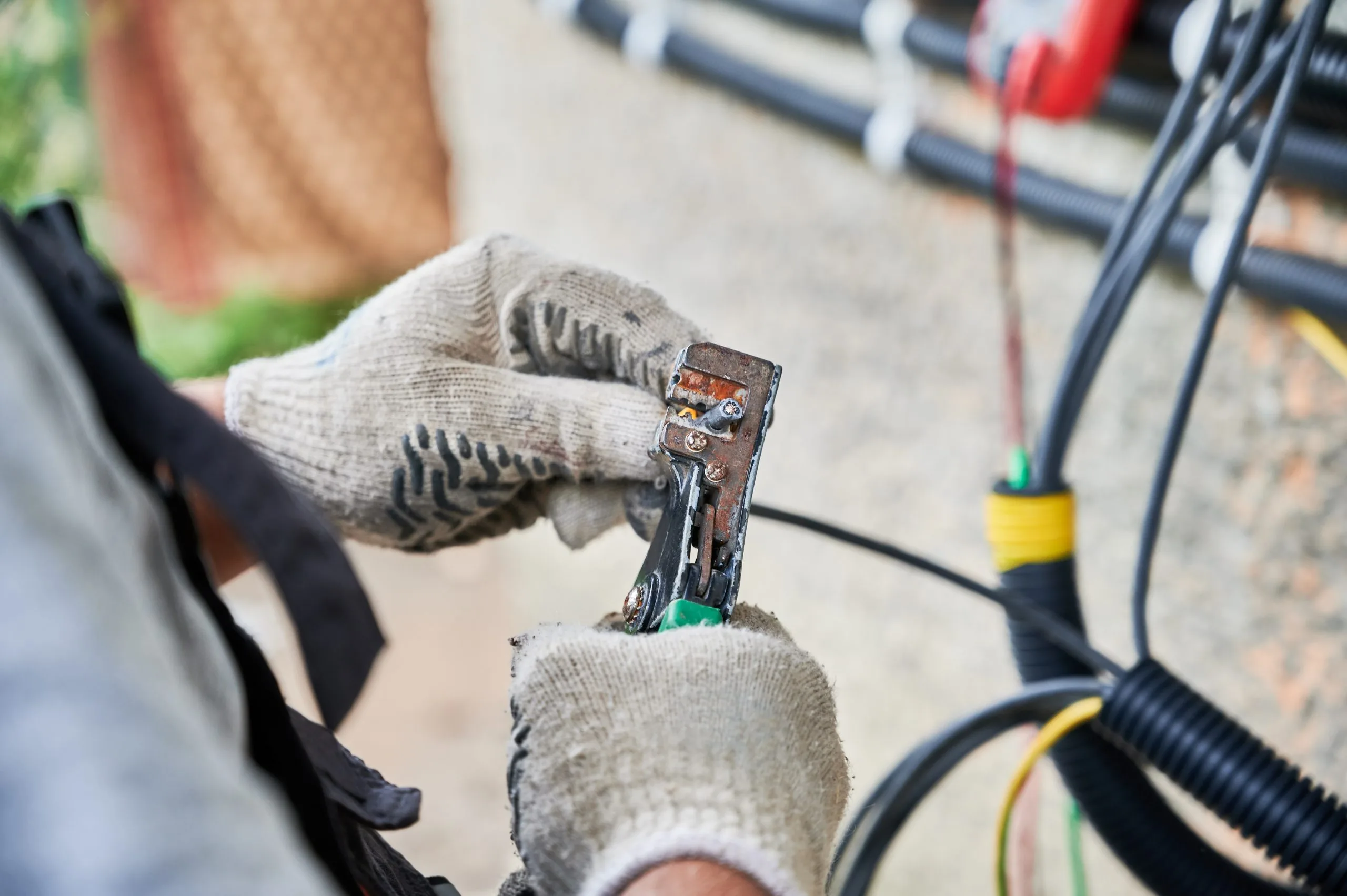 A person in gloves is handling a small electronic component while working on machinery