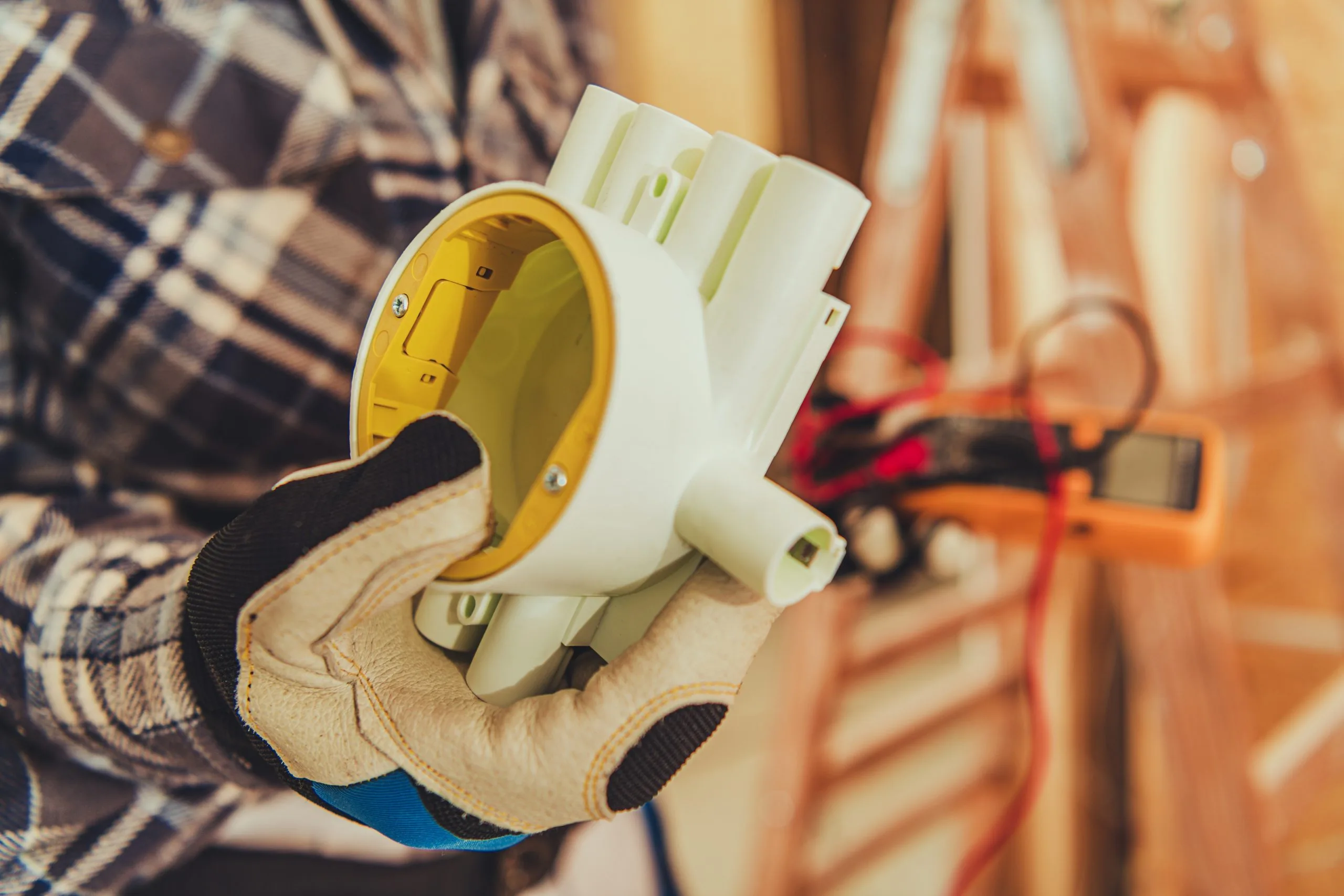 A gloved hand holds a white electrical junction box in a construction setting